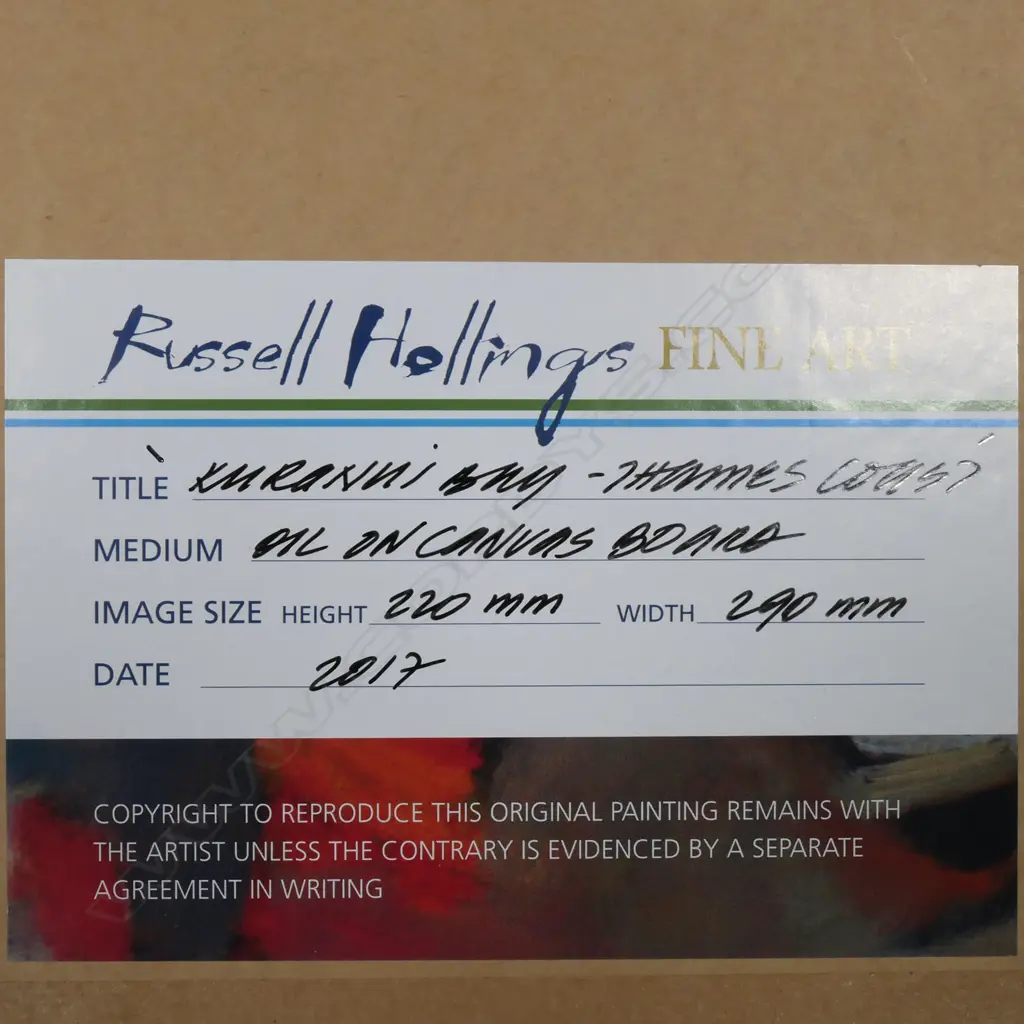 Russell Hollings ‘Kuranui Bay Thames Coast’ oil on board, signed and dated 2017. Image 1++