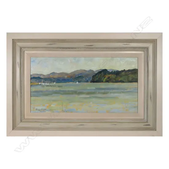 Russell Hollings ‘White Sails Manukau Harbour’ oil on board, signed.