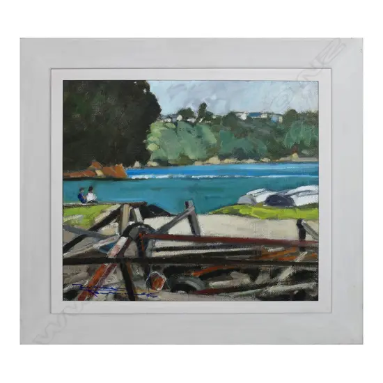 Russell Hollings ‘Boat Cradles Little Shoal Bay’ oil on board, signed and dated 2014.