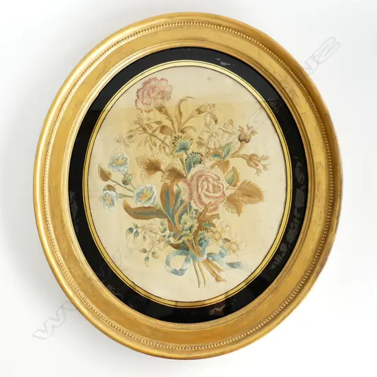 VICTORIAN OVAL EMBROIDERED FLORAL WORK, GILT FRAME, H.450mm