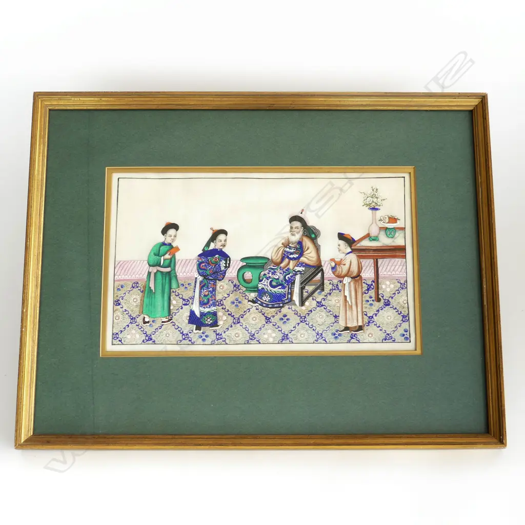 ANTIQUE CHINESE PITH PAINTING,  INTERIOR COURT SCENE, 310 x 190mm Image 1++