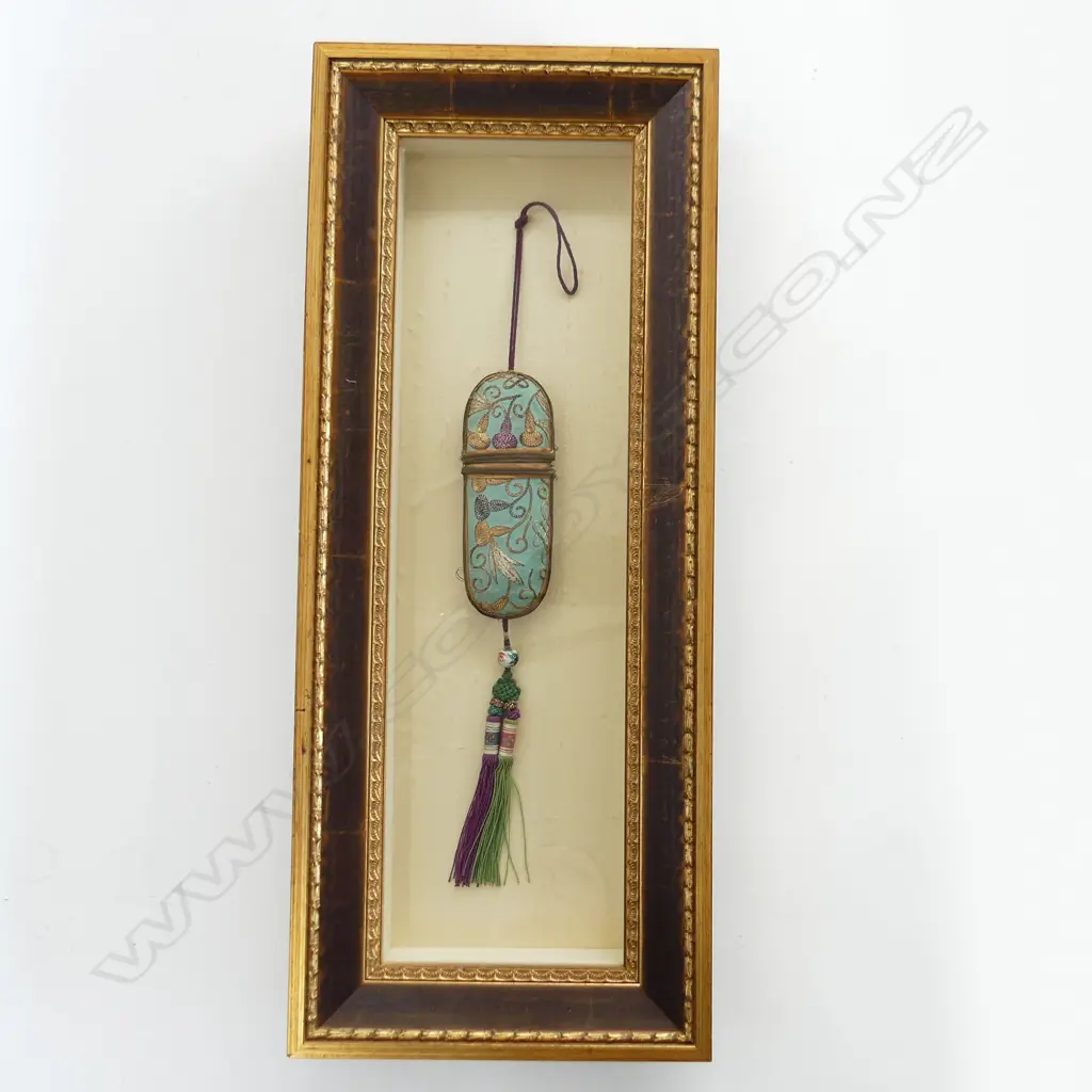 FRAMED ANTIQUE CHINESE EMBROIDERED SPECTACLE CASE, FRAMED UNDER GLASS, 230 x560mm Image 1++