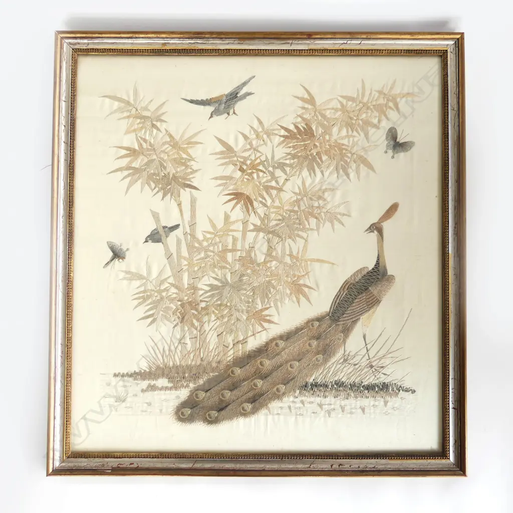 ANTIQUE ORIENTAL FRAMED EMBROIDERED PEACOCK BAMBOO & BIRDS, 530 x 490mm Image 1++