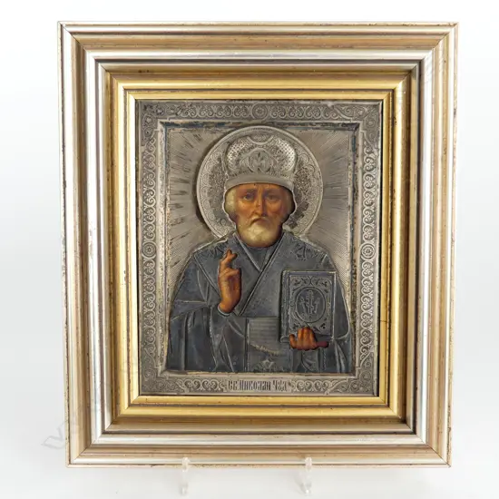 FRAMED ANTIQUE RUSSIAN ICON OF ST. NICHOLAS 170 x 140mm