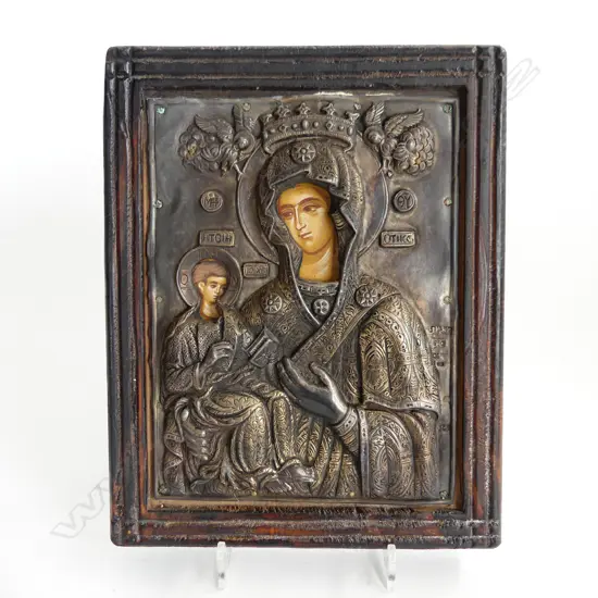 FRAMED ANTIQUE RUSSIAN ICON OF THE MADONNA & CHILD, 170 x 130mm