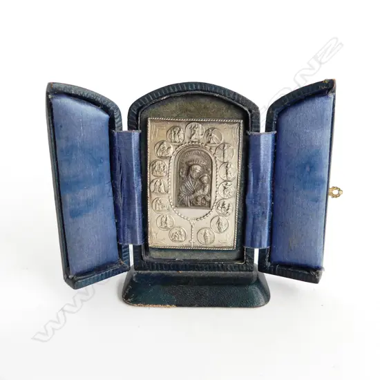 VINTAGE RUSSIAN TRAVELLING ICON OF THE MADONNA & CHILD, IN MOROCCO LEATHER CASE,  H.90mm