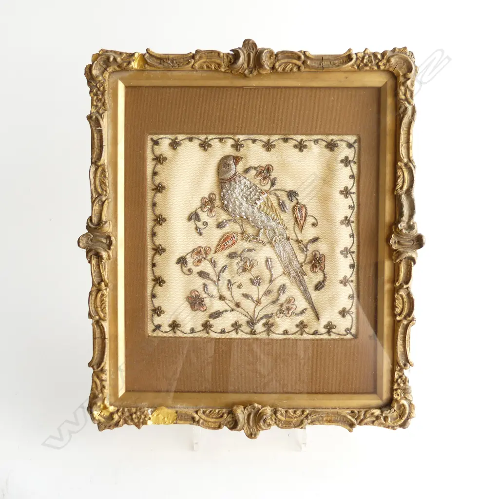 FRAMED ANTIQUE SILVER & GOLD THREAD EMBROIDERED BIRD IN TREE,  250 x 210mm Image 1++
