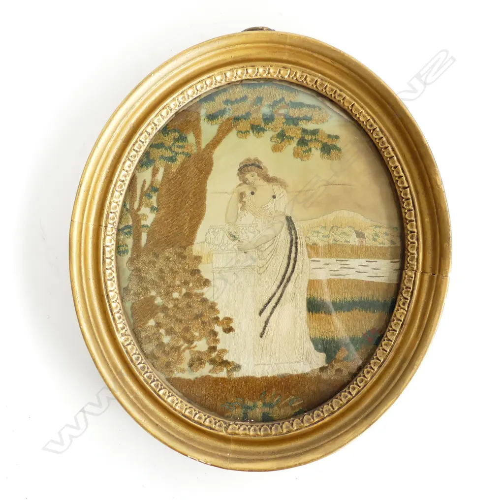 GEORGIAN FRAMED OVAL EMBROIDERY, YOUNG WOMAN CONTEMPLATING,  H.330mm Image 1++