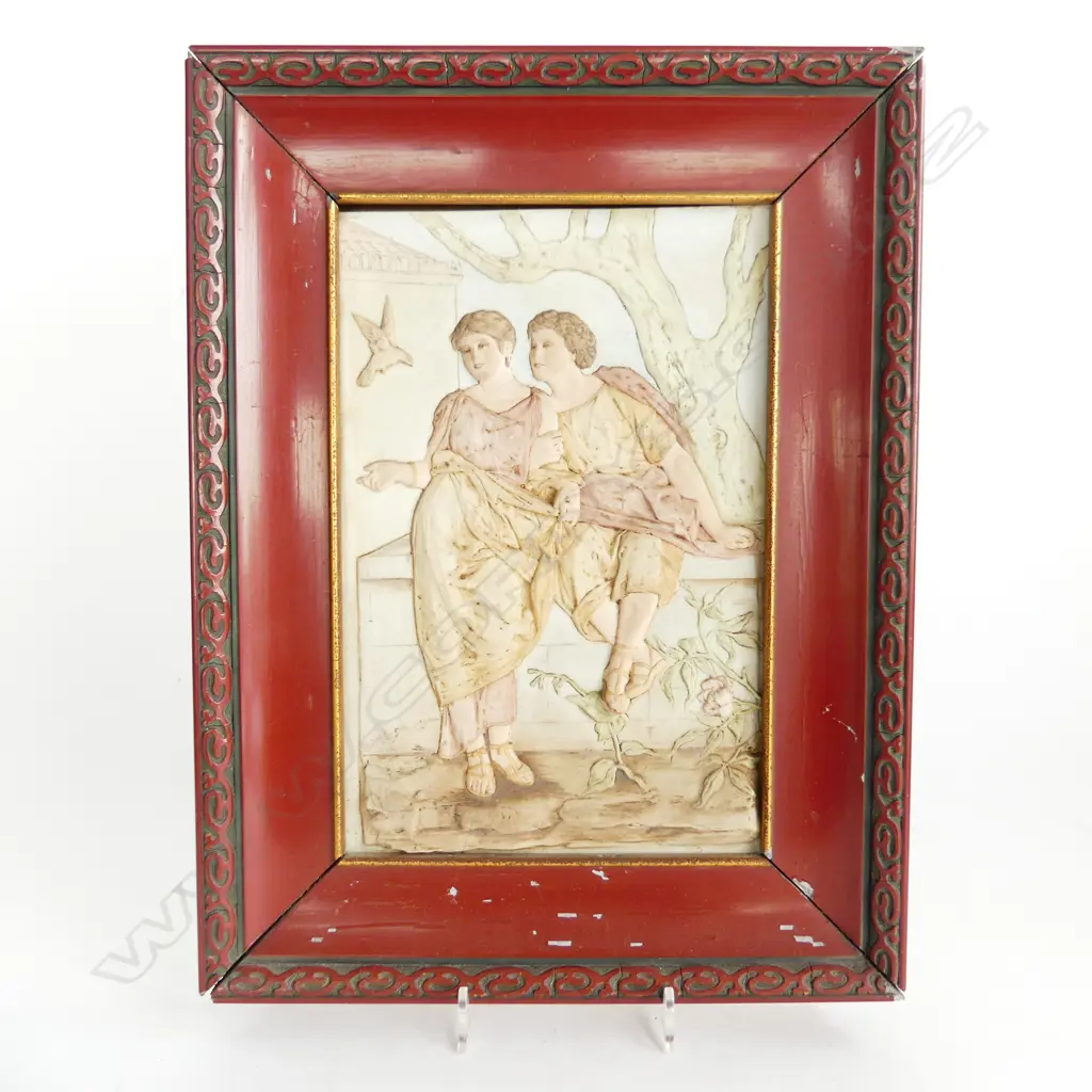 ANTIQUE PORCELAIN PLAQUE DEPICTING TWO ROMAN GIRLS IN GARDEN, FRAMED, 240 x 150mm Image 1++