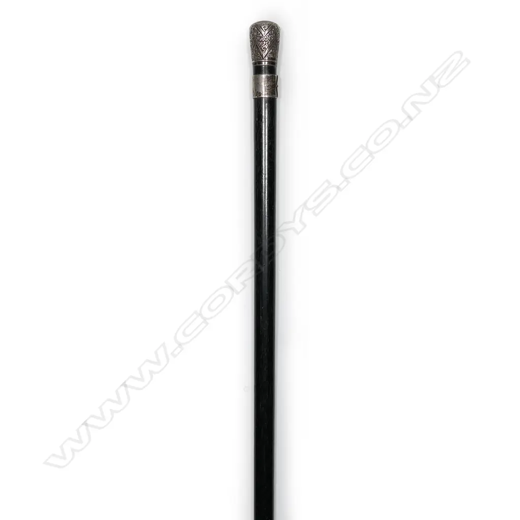 STERLING SILVER TOPPED EBONY CANE, SILVER COLLAR LONDON 1897, H.910mm Image 1++