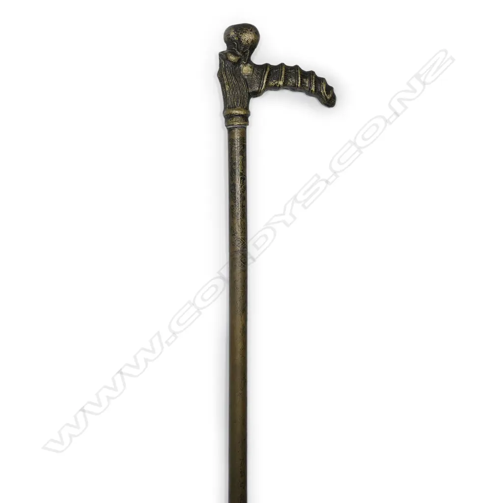 VINTAGE SWORD STICK, DAMASCENE TYPE DECORATED SHAFT  WITH SAGE HEAD HANDLE,  H.850mm Image 1++