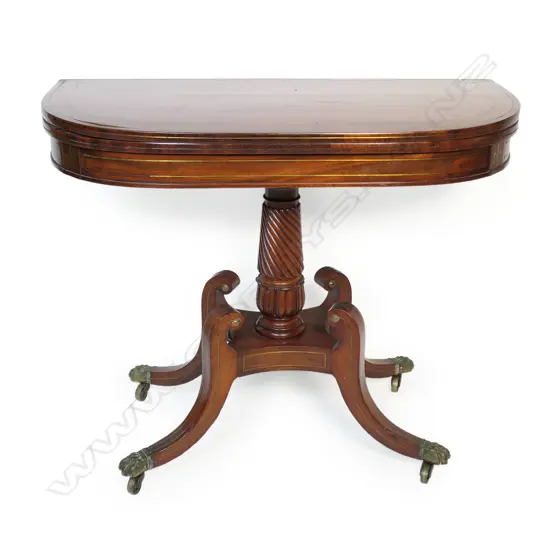 REGENCY MAHOGANY CARD TABLE, BRASS INLAY (slightly lifting)
