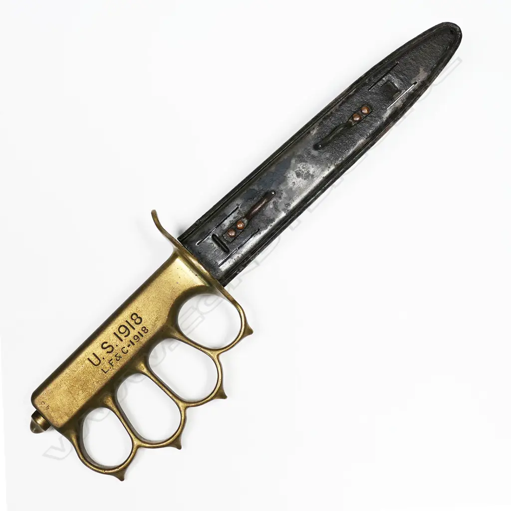 US 1918 dated LF and C knuckle knife and scabbard. Possibly a reproduction. L.280mm Image 1++
