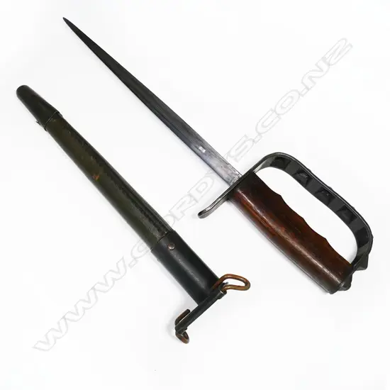 Knuckle knife with cruciform blade and metal scabbard leather covered WWI US. L.356mm