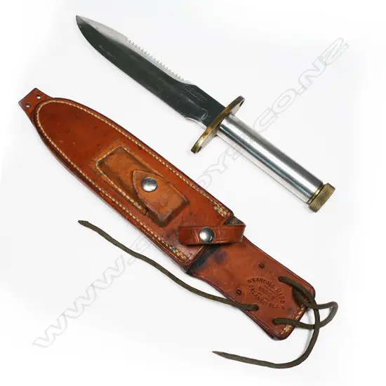 Randall Vietnam War-era rare Model 18 knife with leather scabbard and stone. L.312mm