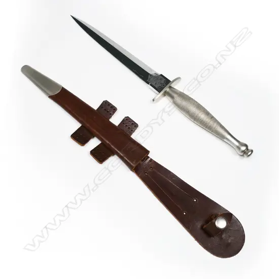 Fairbairn Sykes FS Fighting knife by Wilkinson Sword with leather scabbard. L.293mm