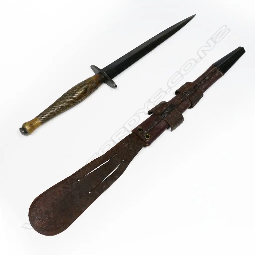 WWII type Fairburn Sykes dagger with leather scabbard. L.293mm Image 1++