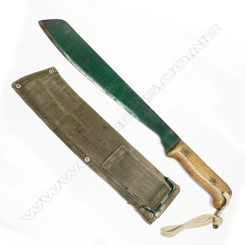 British Martindale machete. Blade painted green. Scabbard dated 1966. Borneo or Vietnam item. L.460mm Image 1++