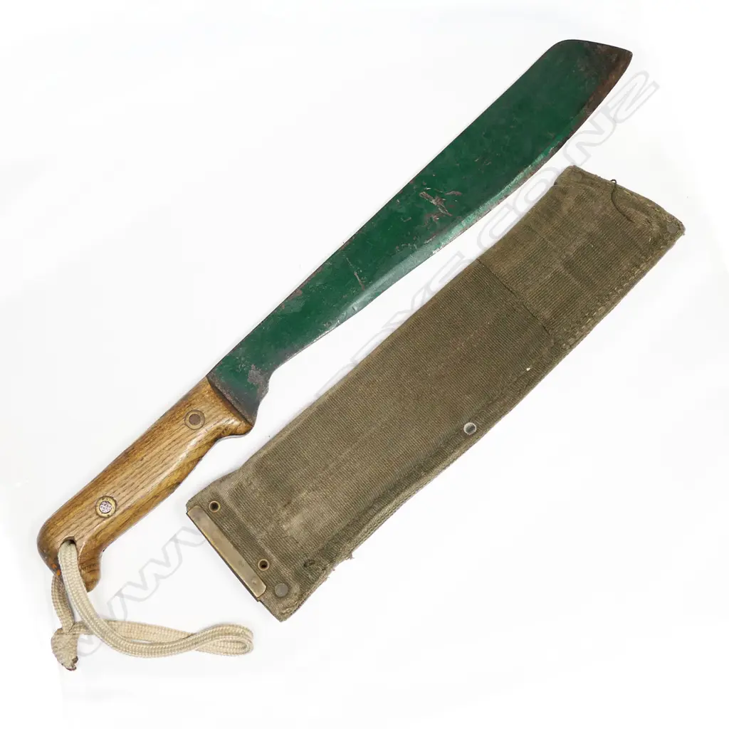 British Martindale machete. Blade painted green. Scabbard dated 1966. Borneo or Vietnam item. L.460mm Image 1++