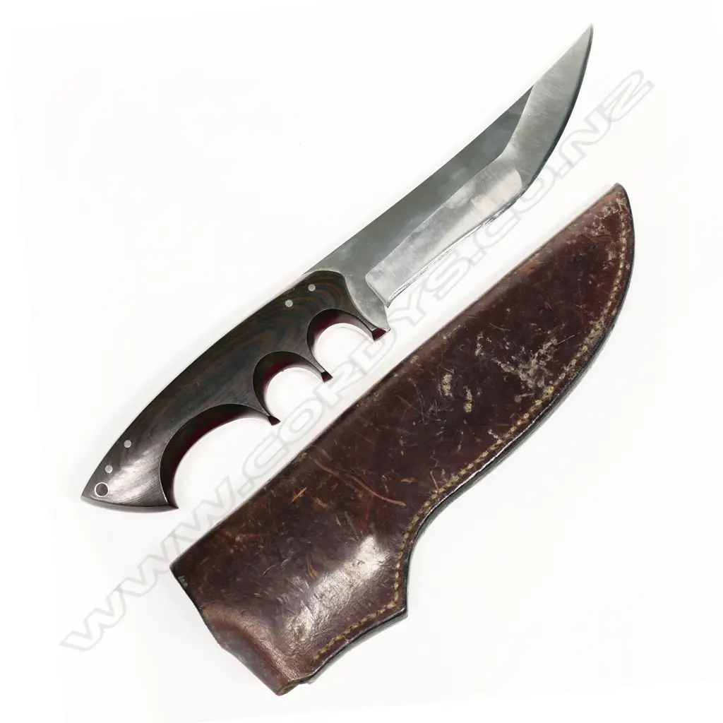Large custom-made knife dated 1992 and in leather scabbard. L.340mm Image 1++