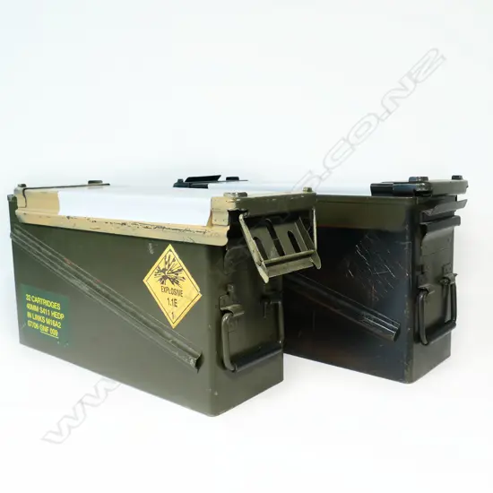 Two vintage metal ammunition cases. 470 x 160 x 270mm