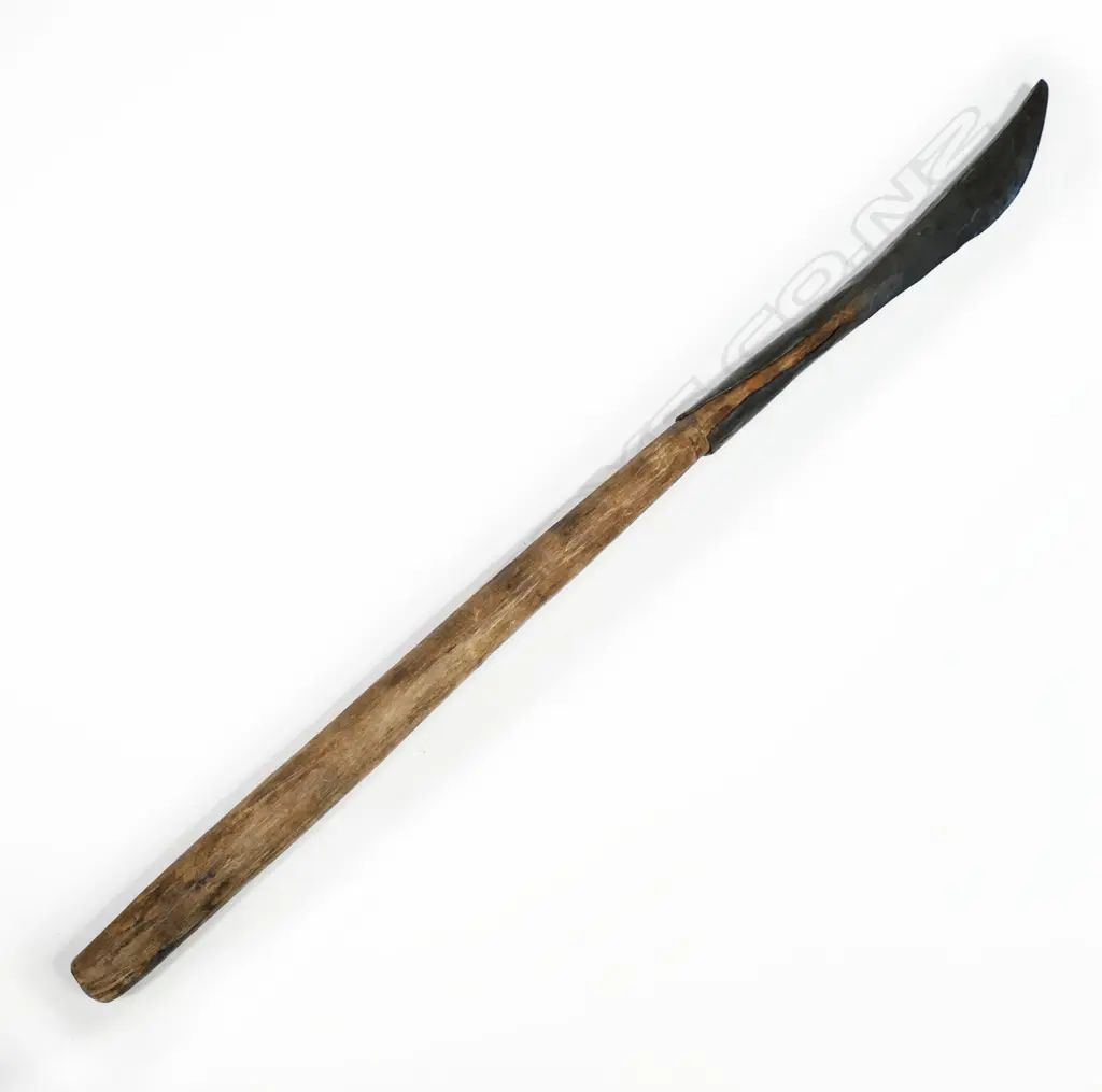 Hand forged steel short bladed knife with long wooden handle. L.445mm Image 1++