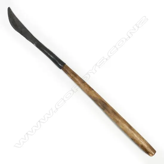 Hand forged steel short bladed knife with long wooden handle. L.445mm