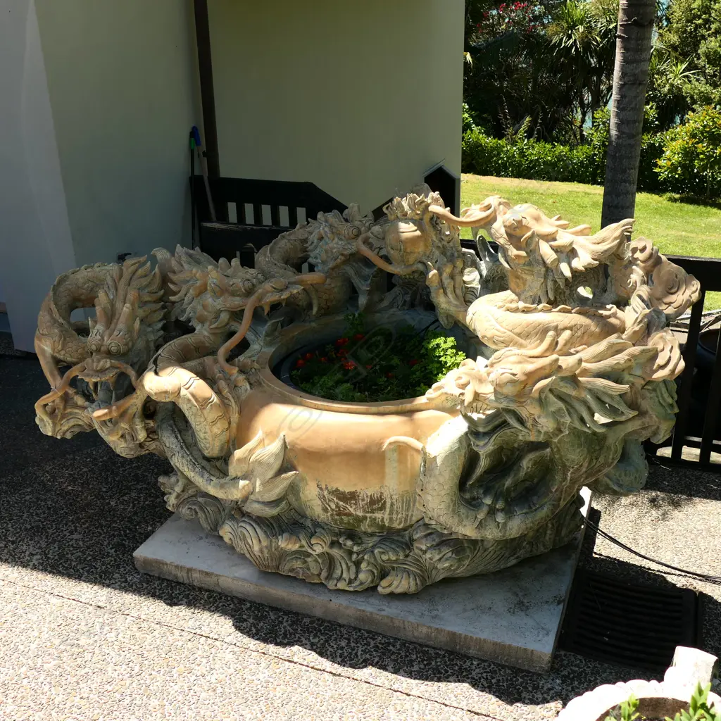 A very large and heavy carved stone Chinese dragon decorated pot Image 1++