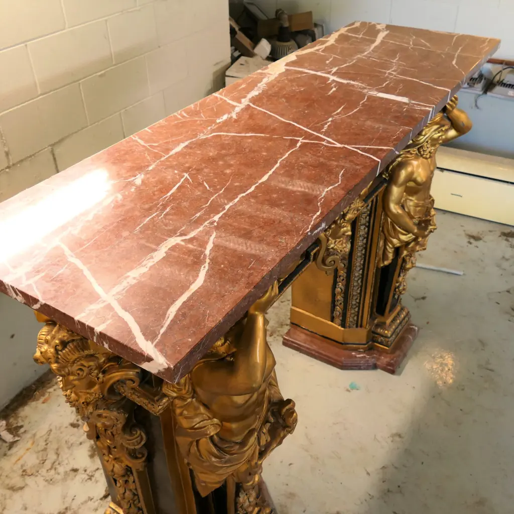 A Baroque style polychrome decorated cast bronze marble top fire surround Image 1++