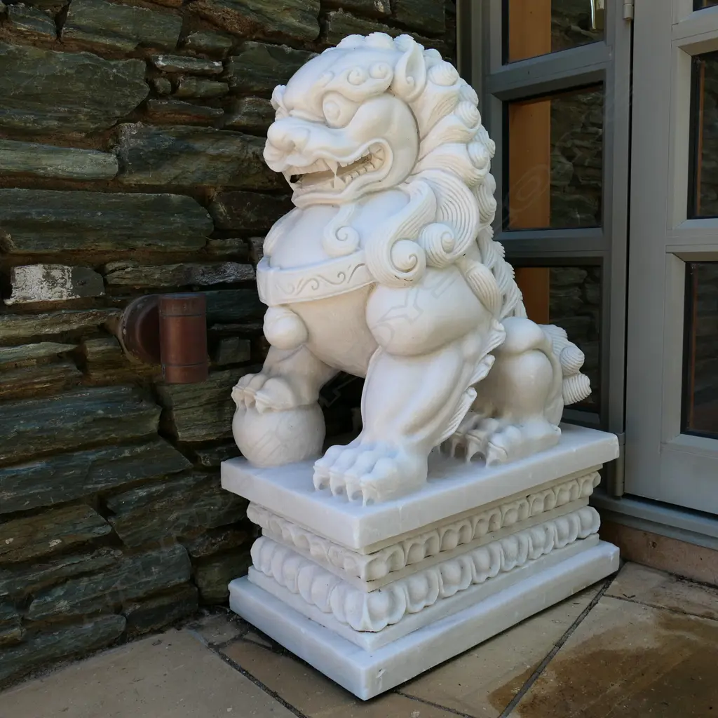 A pair Chinese carved white marble fu dogs Image 1++