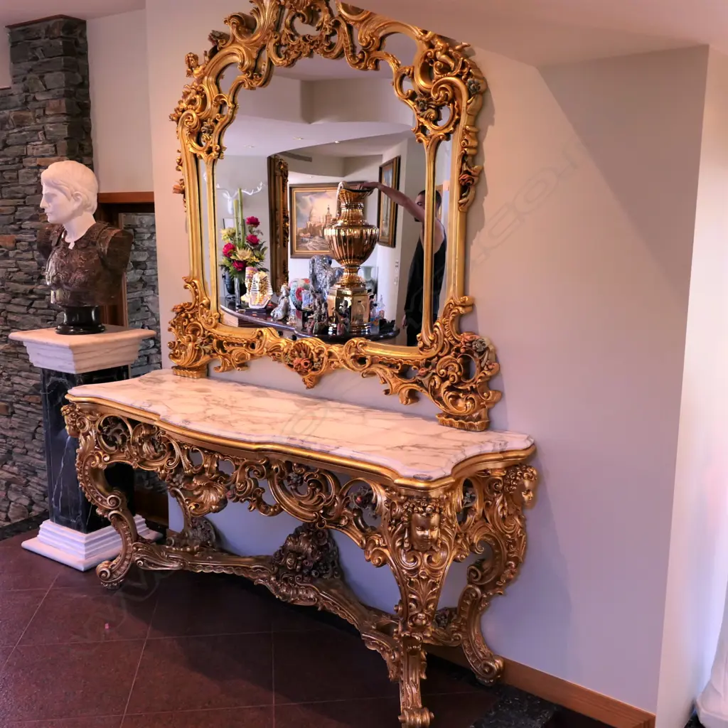 A rococo gilt and marble large mirrored console table Image 1++