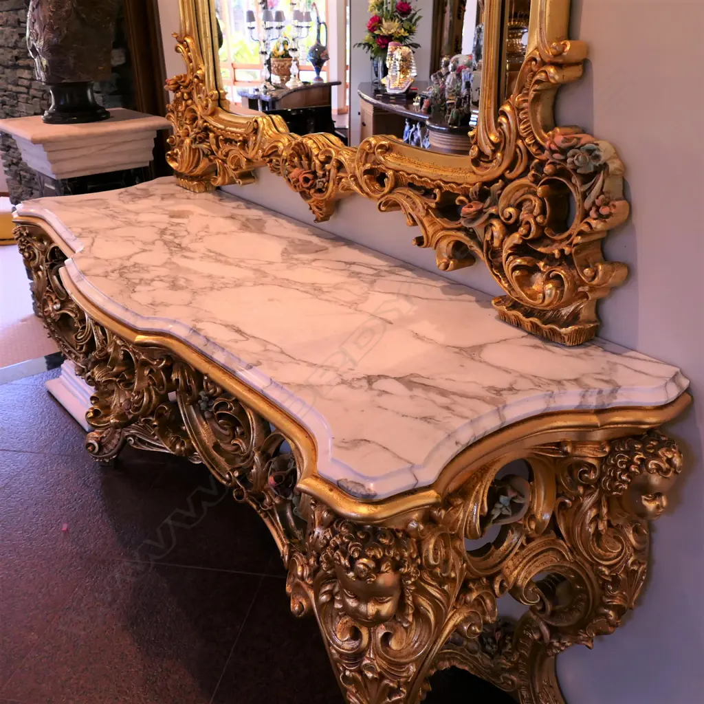 A rococo gilt and marble large mirrored console table Image 1++