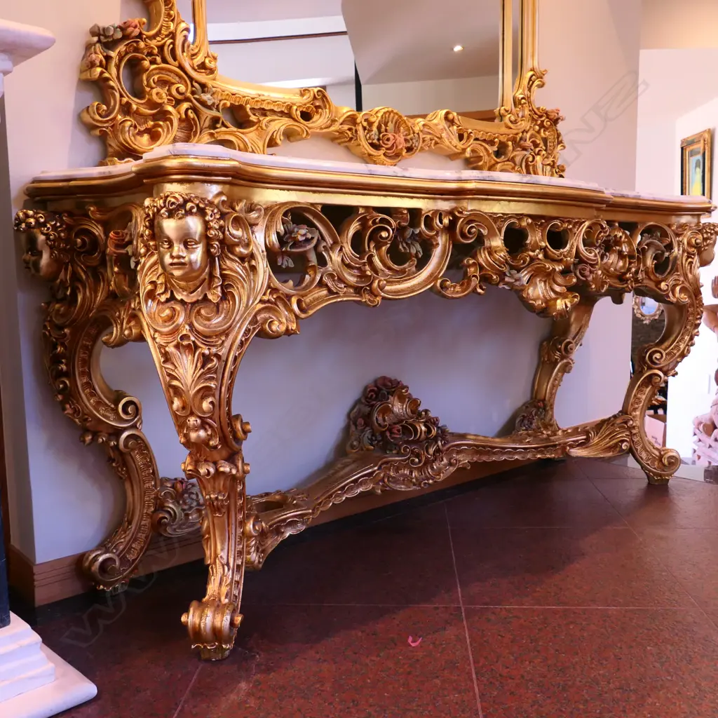 A rococo gilt and marble large mirrored console table Image 1++