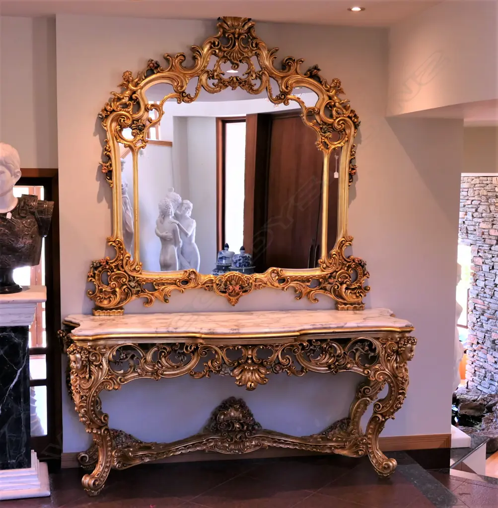 A rococo gilt and marble large mirrored console table Image 1++
