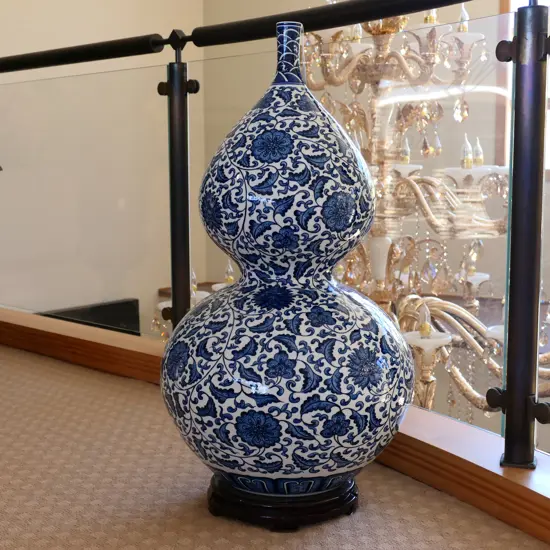 A large Chinese double gourd b + w vase