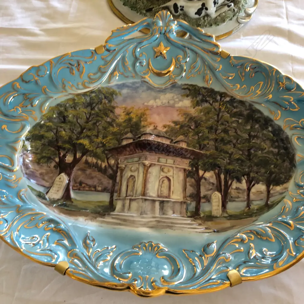 2 ITEMS; NAPOLI PORCELAIN FIGURE KNIFE SHARPENER + DISH Image 1++