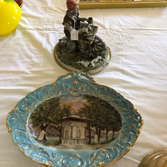 2 ITEMS; NAPOLI PORCELAIN FIGURE KNIFE SHARPENER + DISH