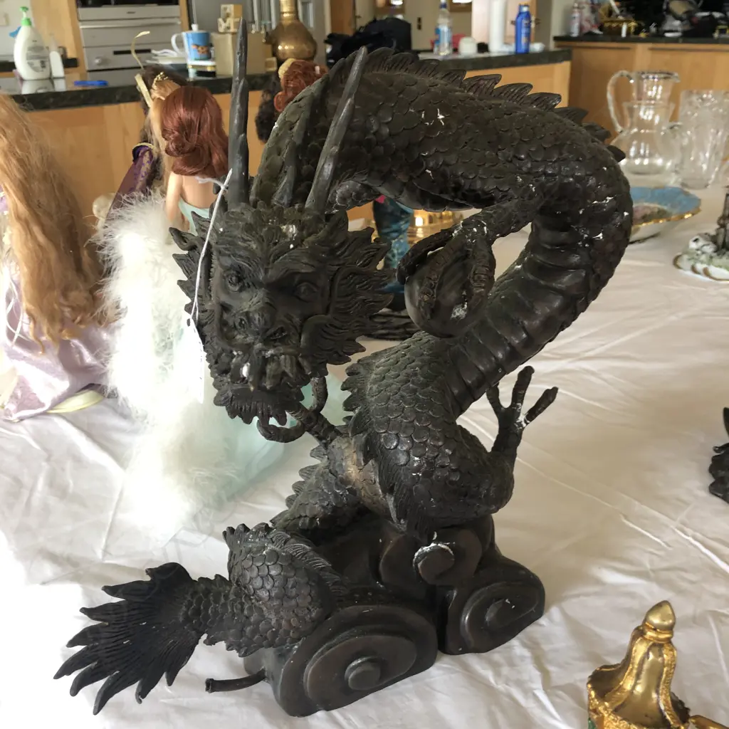 CHINESE LGE BRONZE DRAGON WITH PEARL & CLOUDS H.360mm Image 1++