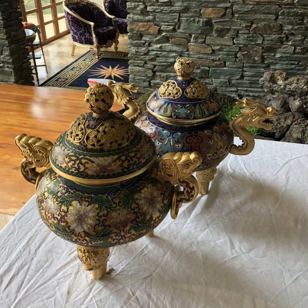 2 CHINESE CLOISONNE & BRASS LGE CENSORS... Image 1++