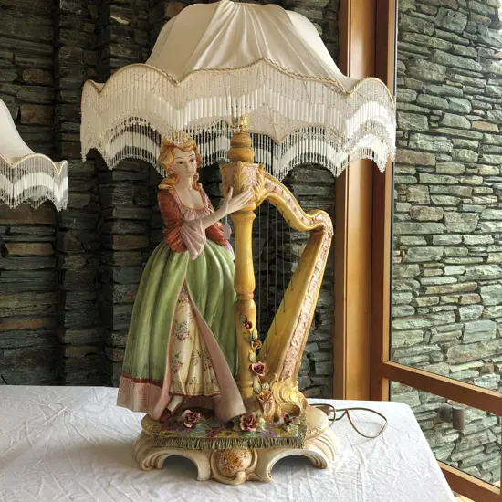 LGE CERAMIC FIGURED LAMP LADY W HARP H.980mm