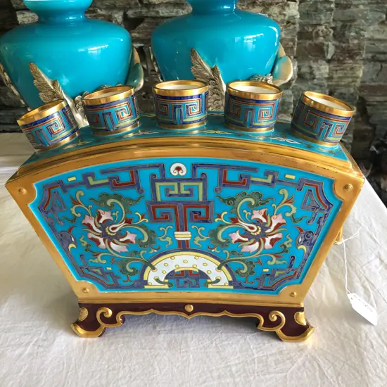 MINTON CHRISTOPHER DRESSER STYLE VASE 5 SPOUTS. UNMARKED. WIDTH 300mm