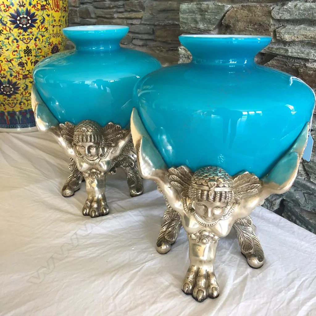 PR BLUE GLASS & HEAVY SILVERED METAL SPHINX BASED VASES H.300mm Image 1++