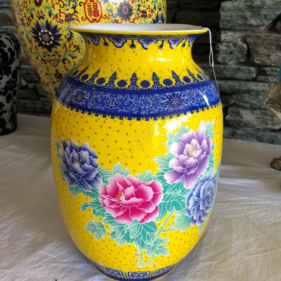MODERN CHINESE PORCELAIN VASE YELLOW GROUND COLOURED FLORALS H.310mm