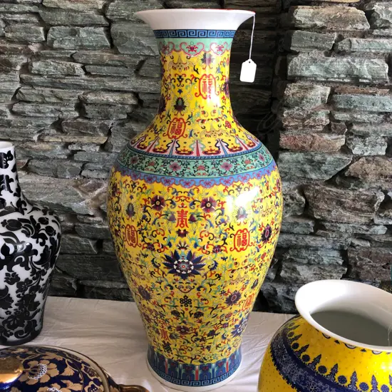 LGE MODERN CHINESE VASE YELLOW GROUND LEAFY SCROLLS...
