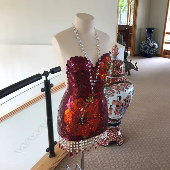 WOMAN MANEQUIN SCULPTURE RED GLASS PANELS...