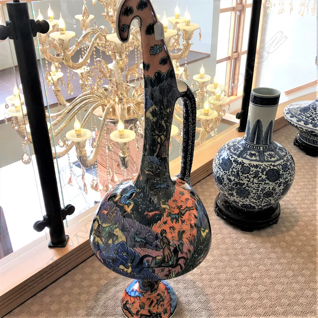 PERSIAN HUNTING SCENE TALL CERAMIC EWER.... Image 1++