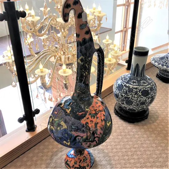 PERSIAN HUNTING SCENE TALL CERAMIC EWER....