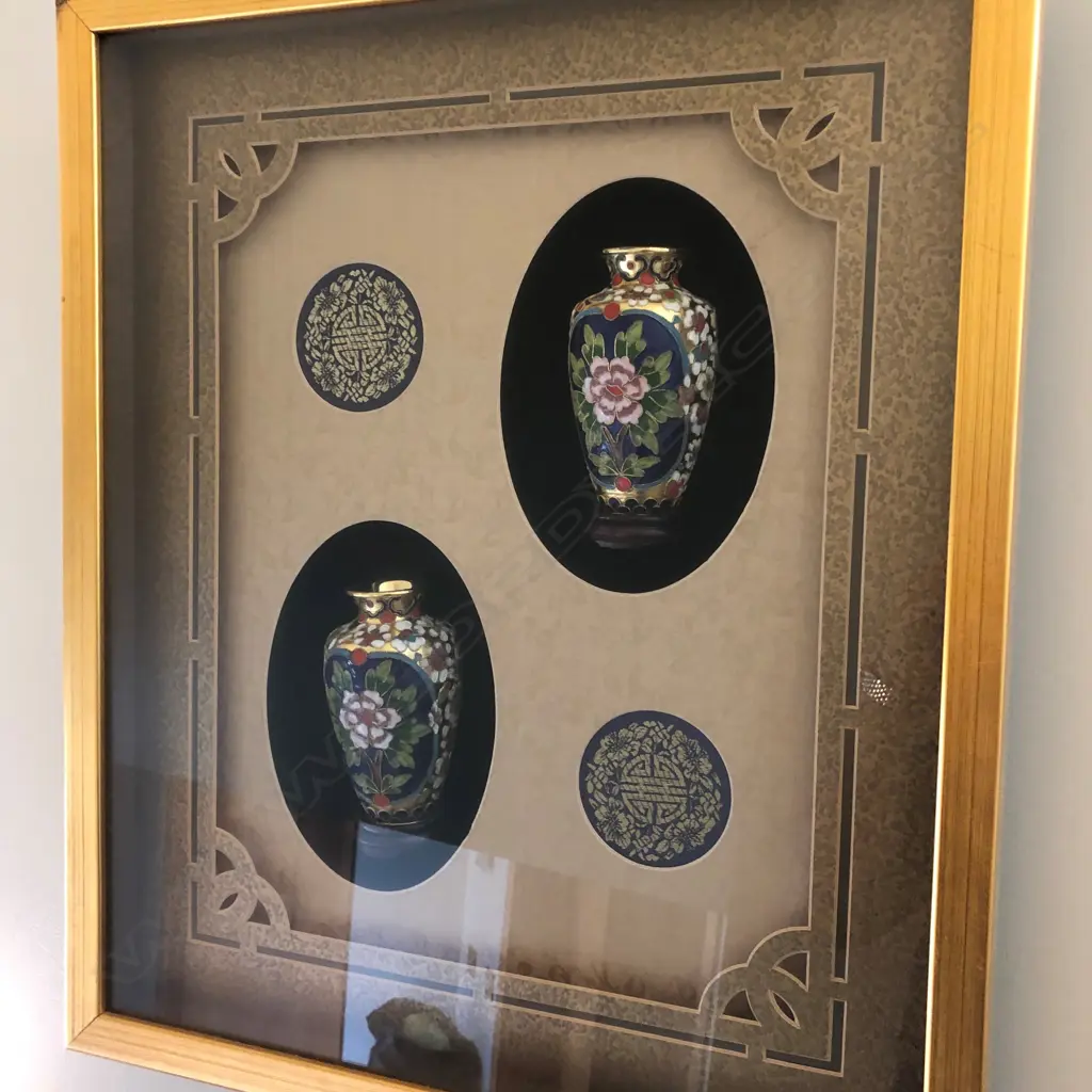 3 FRAMED CHINESE PAIRS OF CLOISONNE VASES 580 X 490mm Image 1++