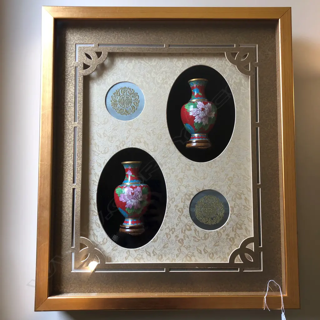 3 FRAMED CHINESE PAIRS OF CLOISONNE VASES 580 X 490mm Image 1++