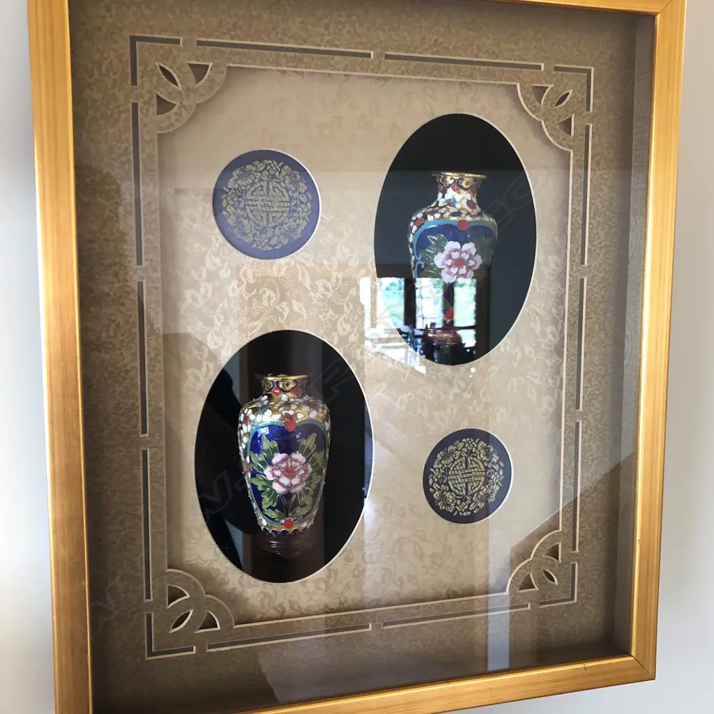 3 FRAMED CHINESE PAIRS OF CLOISONNE VASES 580 X 490mm Image 1++